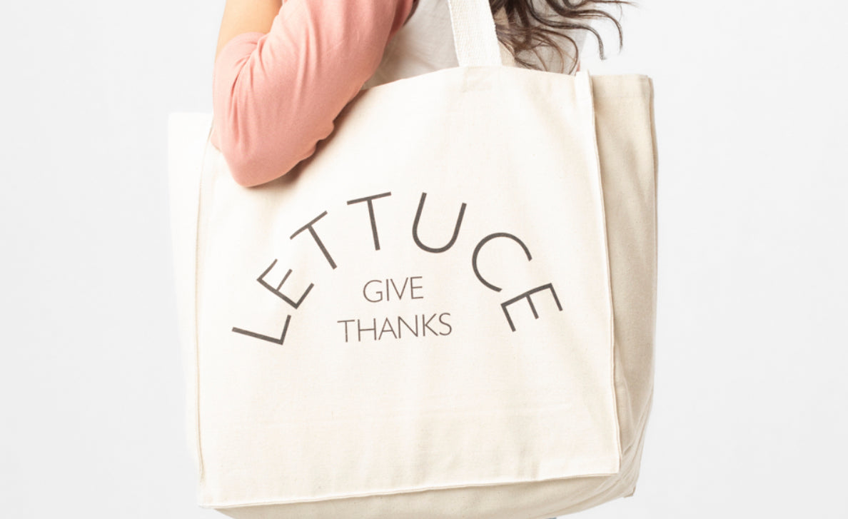 Worthy and Blessed cotton canvas tote bag with catholic message Lettuce Give Thanks